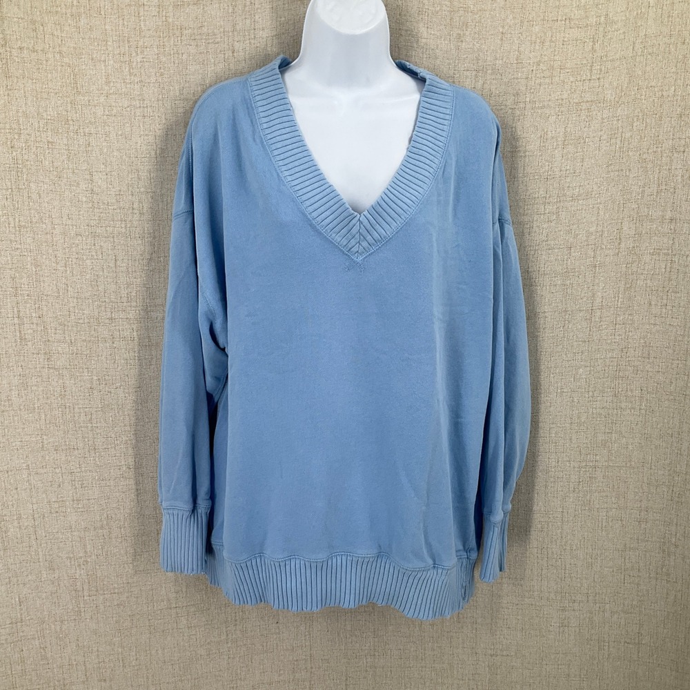 Aerie Sweatshirt Womens Small Blue Cotton Blend Oversized V-Neck Ribbed Pullover